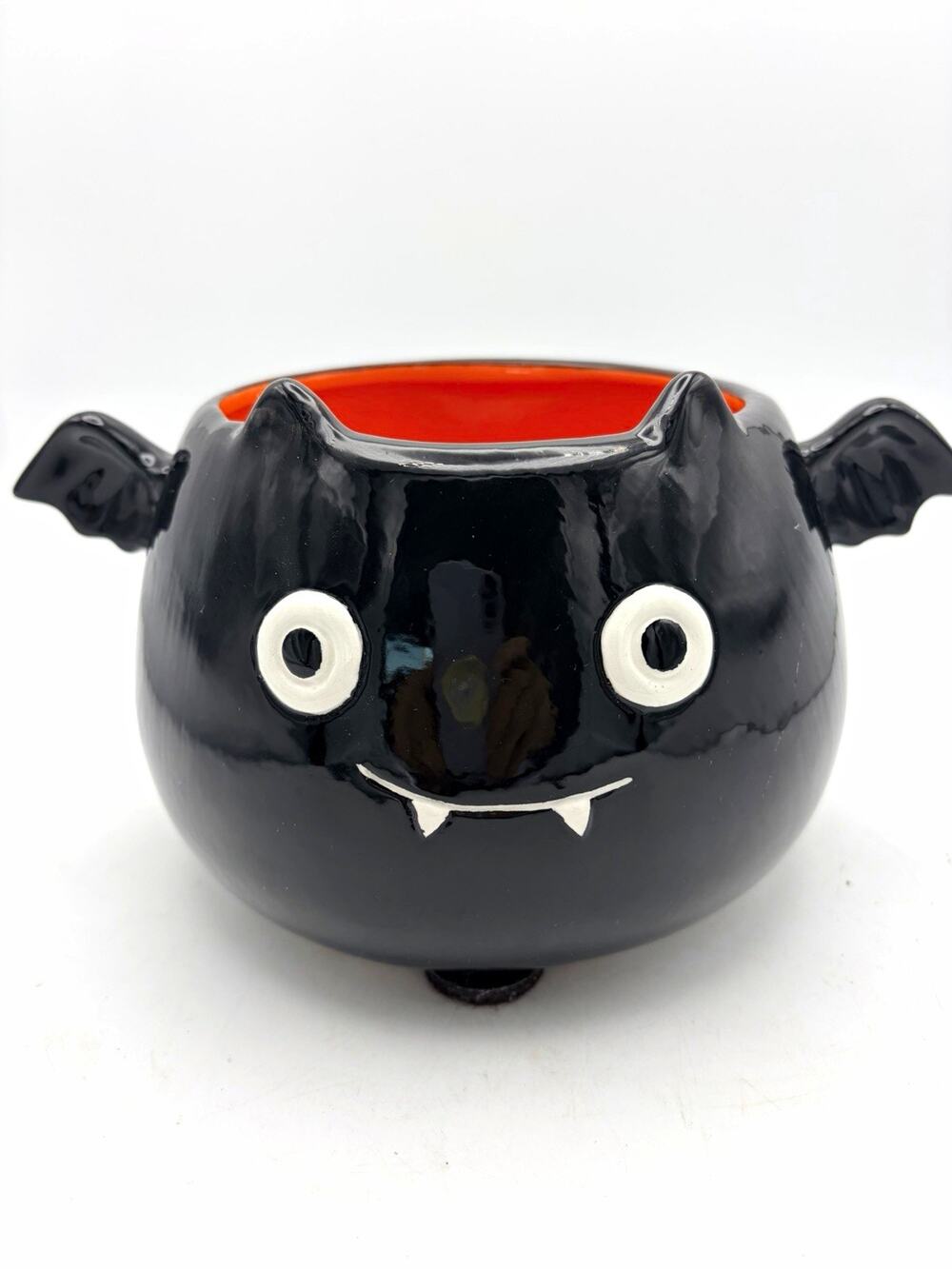 Black Ceramic Halloween Bat Face Art candy bowl, Orange Interior, Glossy Finish